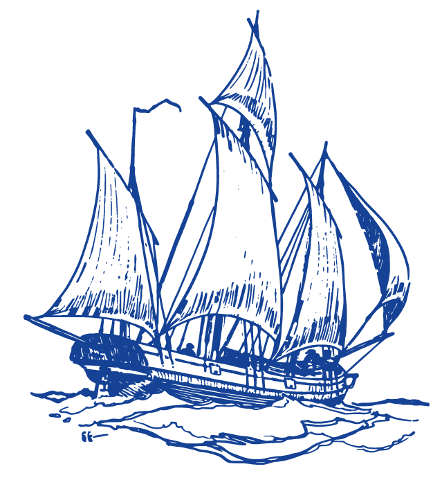 Logo eines Dreimaster skizziert in blau auf transparentem Hintergrund,